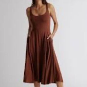 Quince Tencel Jersey Fit & Flare Tank Midi Dress, Scoop Neck, Brown, Size medium